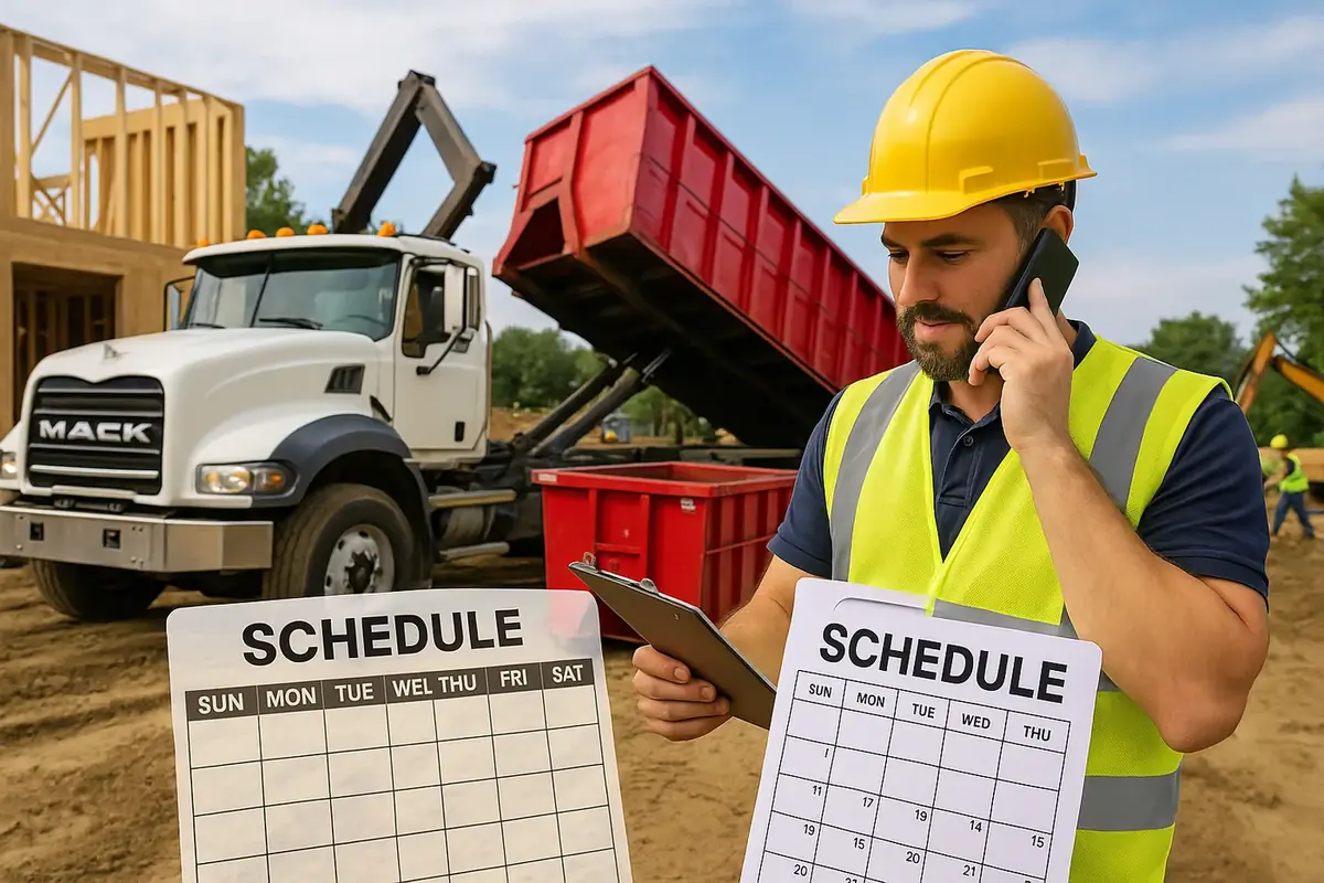 Contractor loading construction debris into a roll-off dumpster